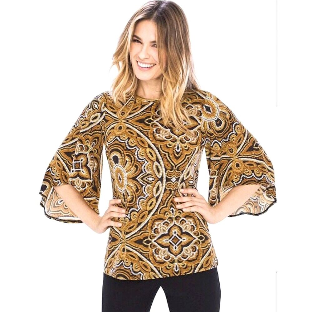 CHICO'S Sunflower Medallion Flare Sleeve Top Chicos 0 Small 4 Brown Black Gold - Picture 1 of 10